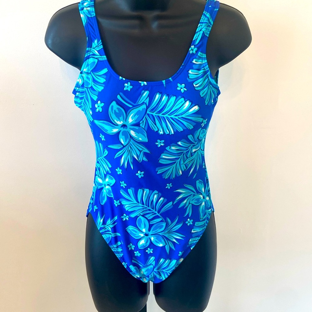 Beach Cabana blue, teal Hawaiian floral one piece swimsuit with sarong Size Sm